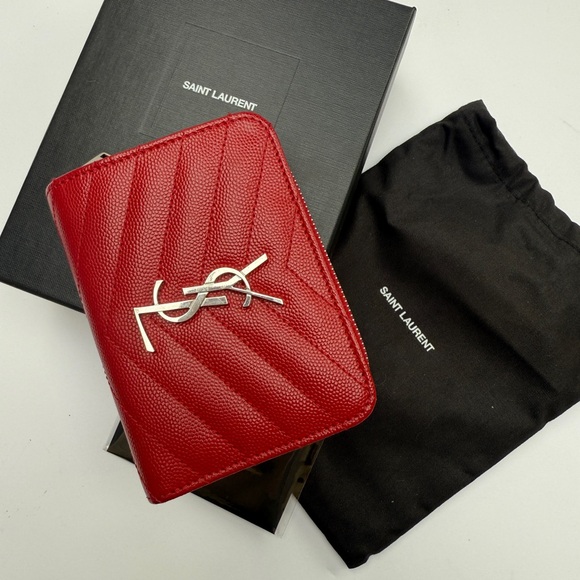 NWT Authentic Saint Laurent Rouge Eros Red Grain De Poundre Leather Wallet - Picture 1 of 14